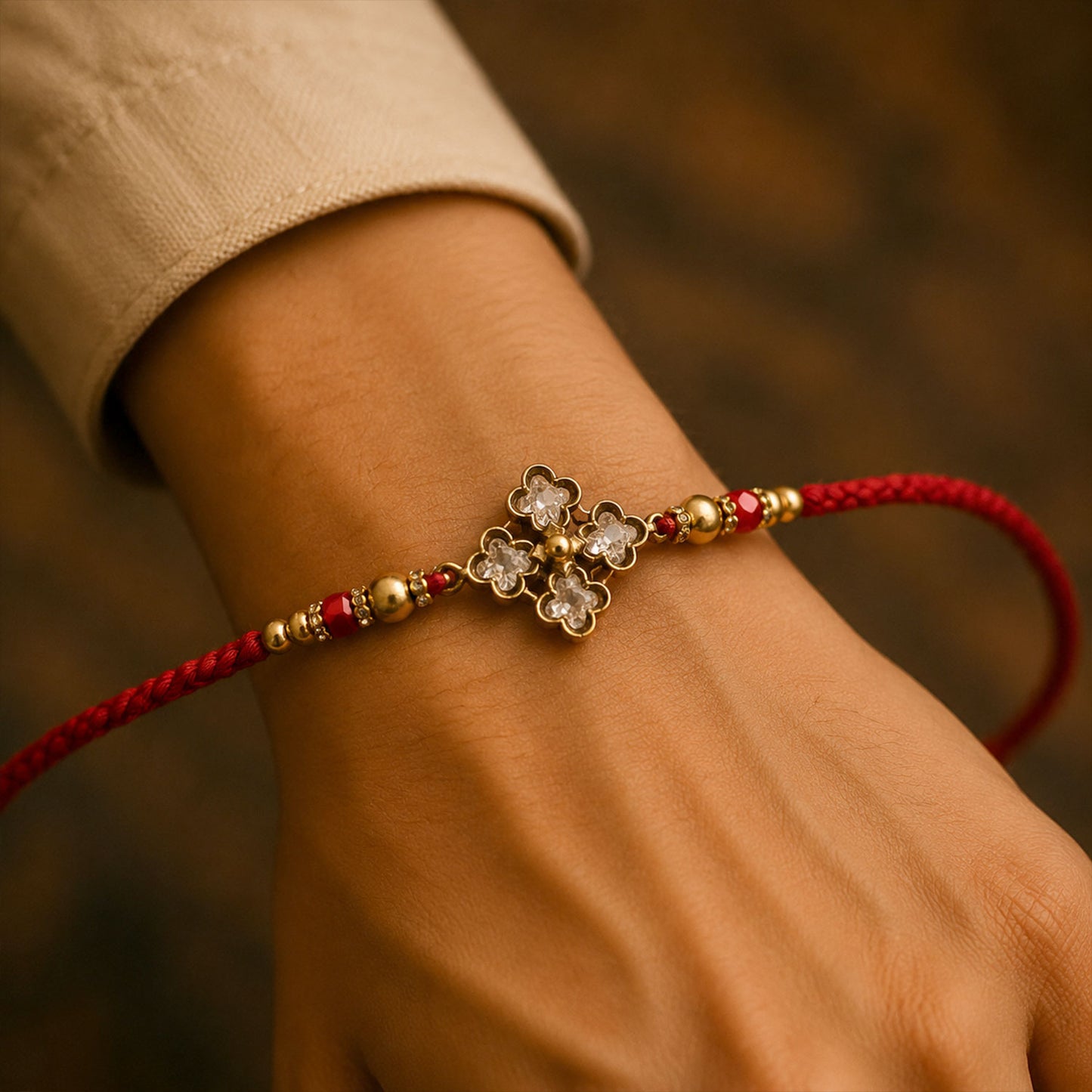 Pearl White Clover Designer Beaded Rakhi for Brother with Gold Accents