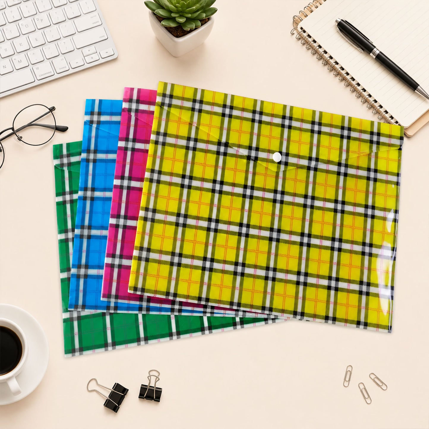 Check Print Document Bag Envelope File Folder with Snap Button for A4 Papers (1 Pc, Mix Colour)