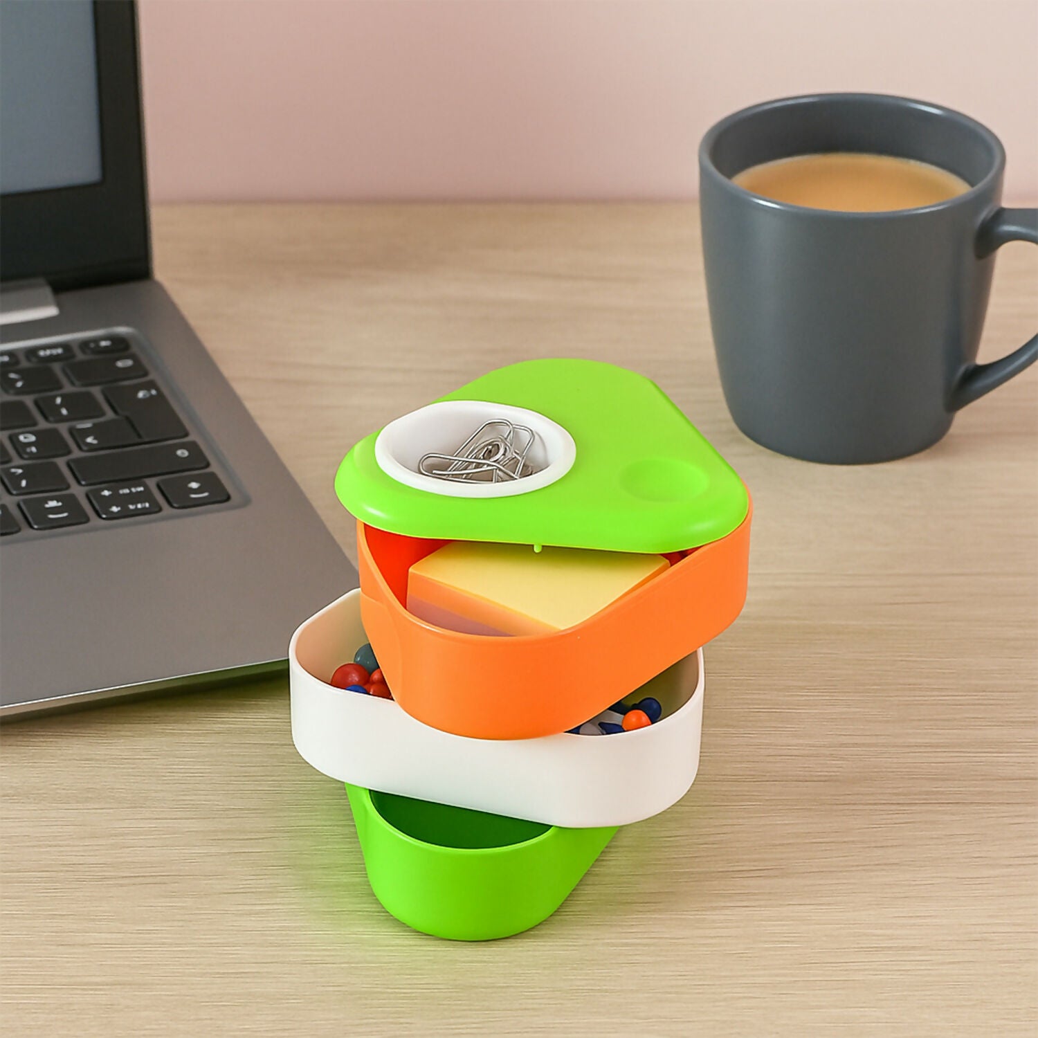 Khyati Tricolour Triangle Pen Stand – Multi-Layer Rotating Desk Organizer with Sliding Compartments