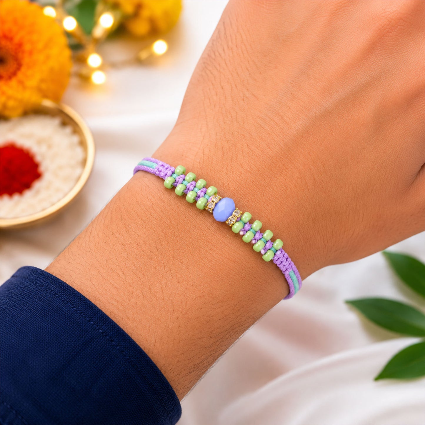 Purple Macrame Bracelet Rakhi with Green Beads, Blue Accent and Playful Thread