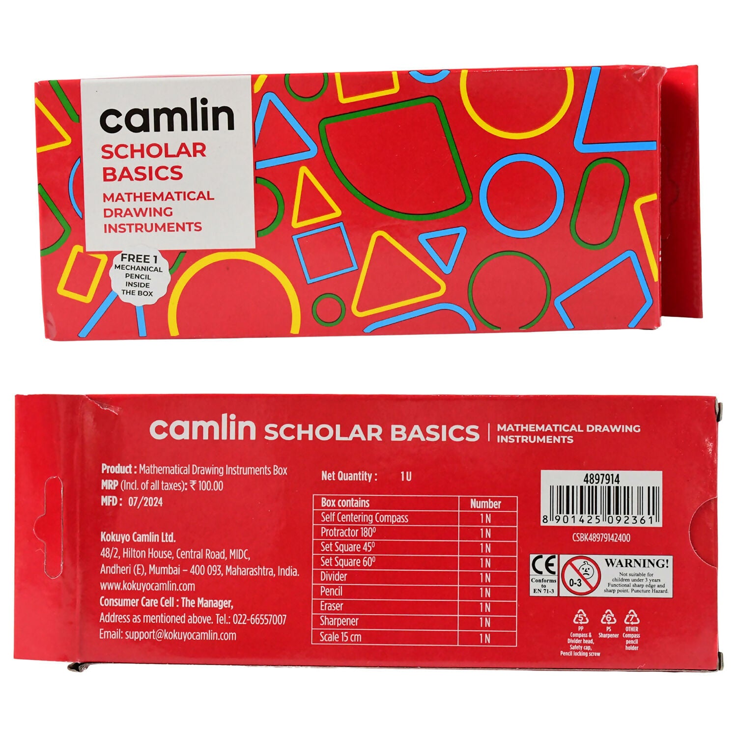 Camlin Scholar Basics Mathematical Instruments Geometry Box – Complete School Compass & Ruler Set