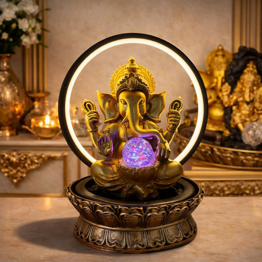 Lord Ganesha LED Water Fountain with Halo Ring Light