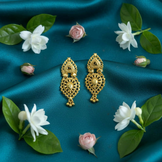 Golden jhumki earrings with filigree work and green-blue enamel accents