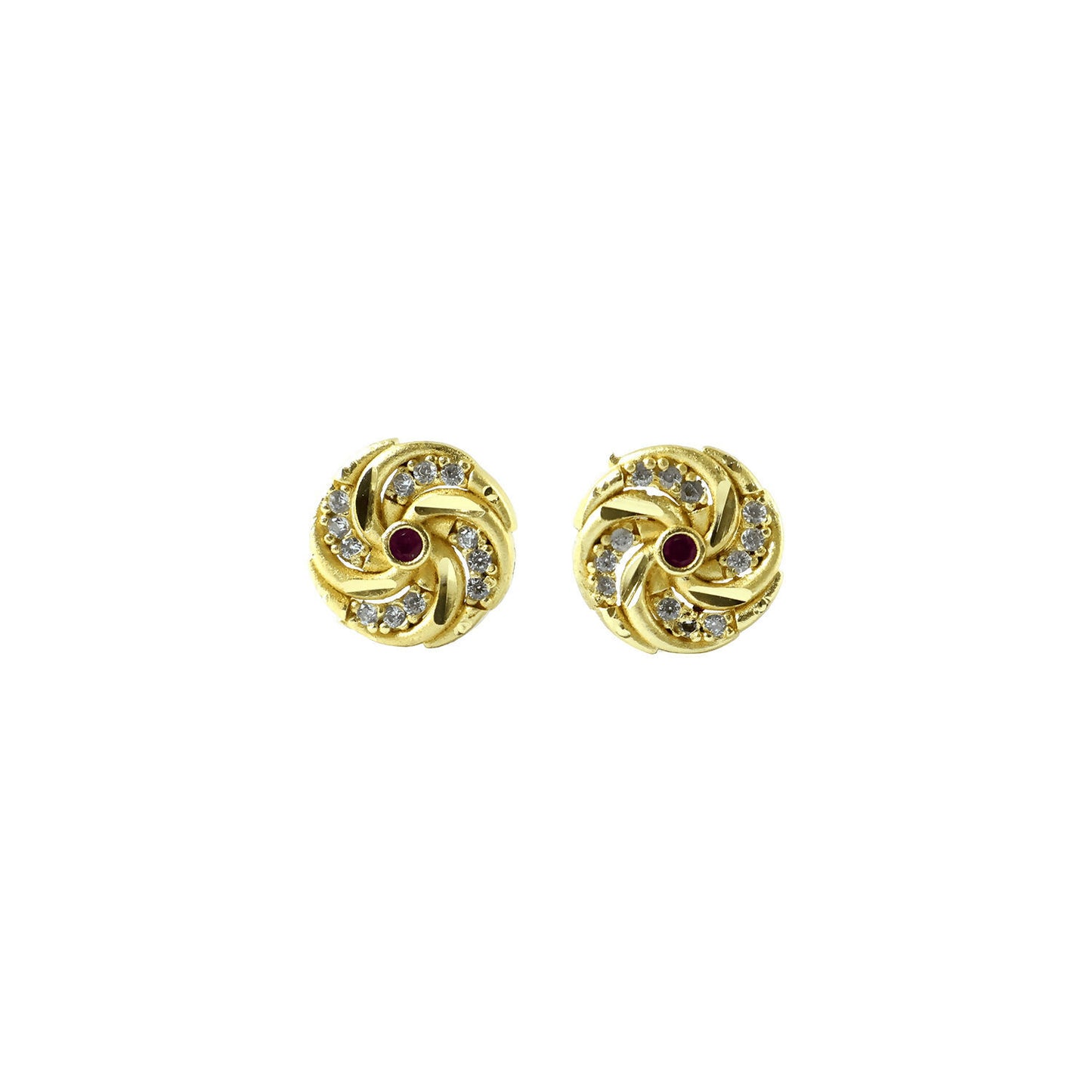 Fashionable gold earrings with intricate spiral design and red accents