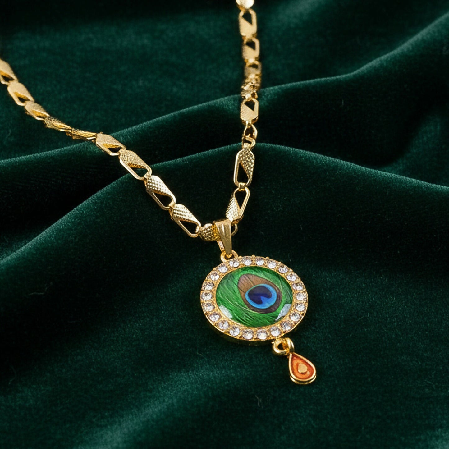 Peacock Feather Stone Pendant Gold Chain Necklace