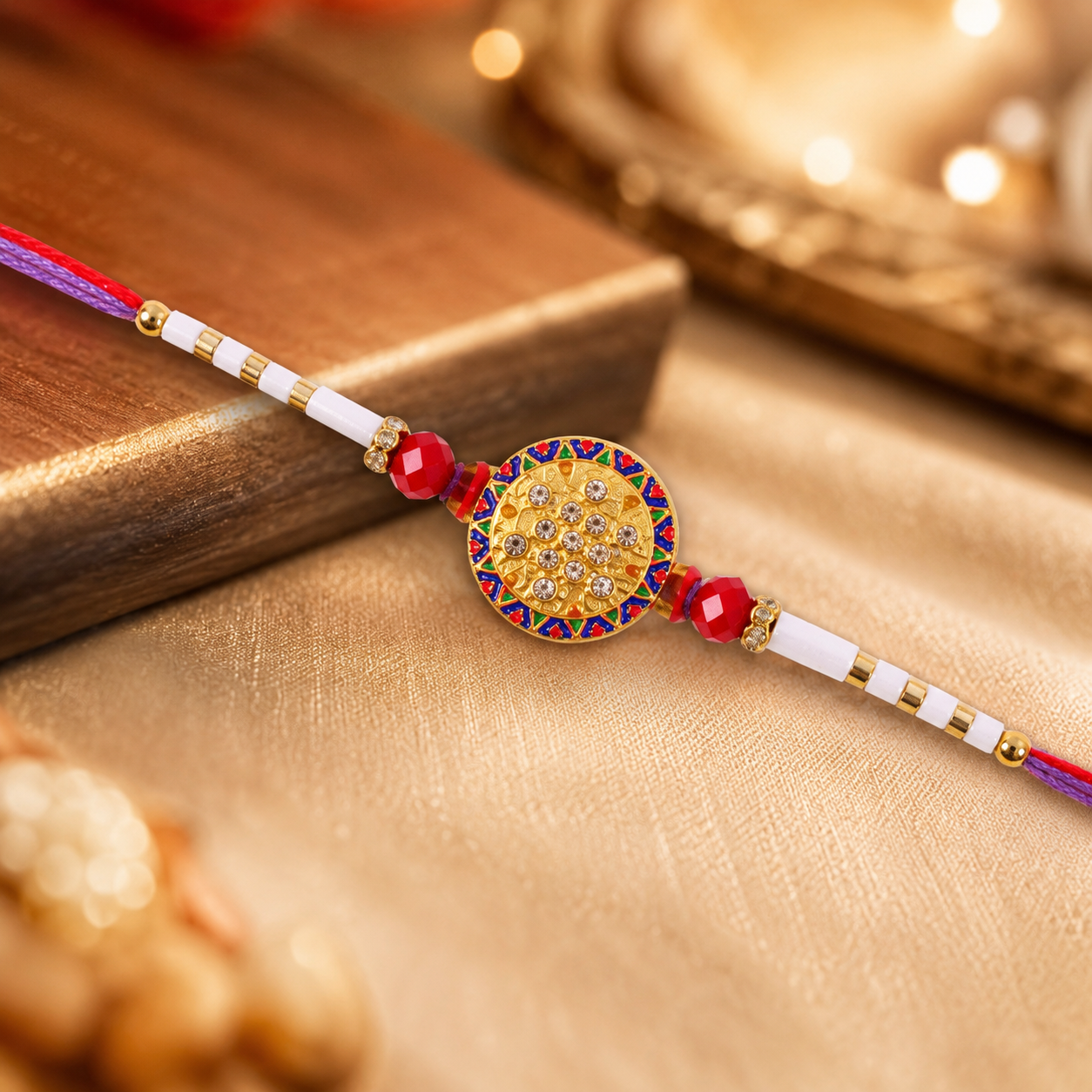 Soft Gold Round Rakhi with White Beads and Dual Color Thread