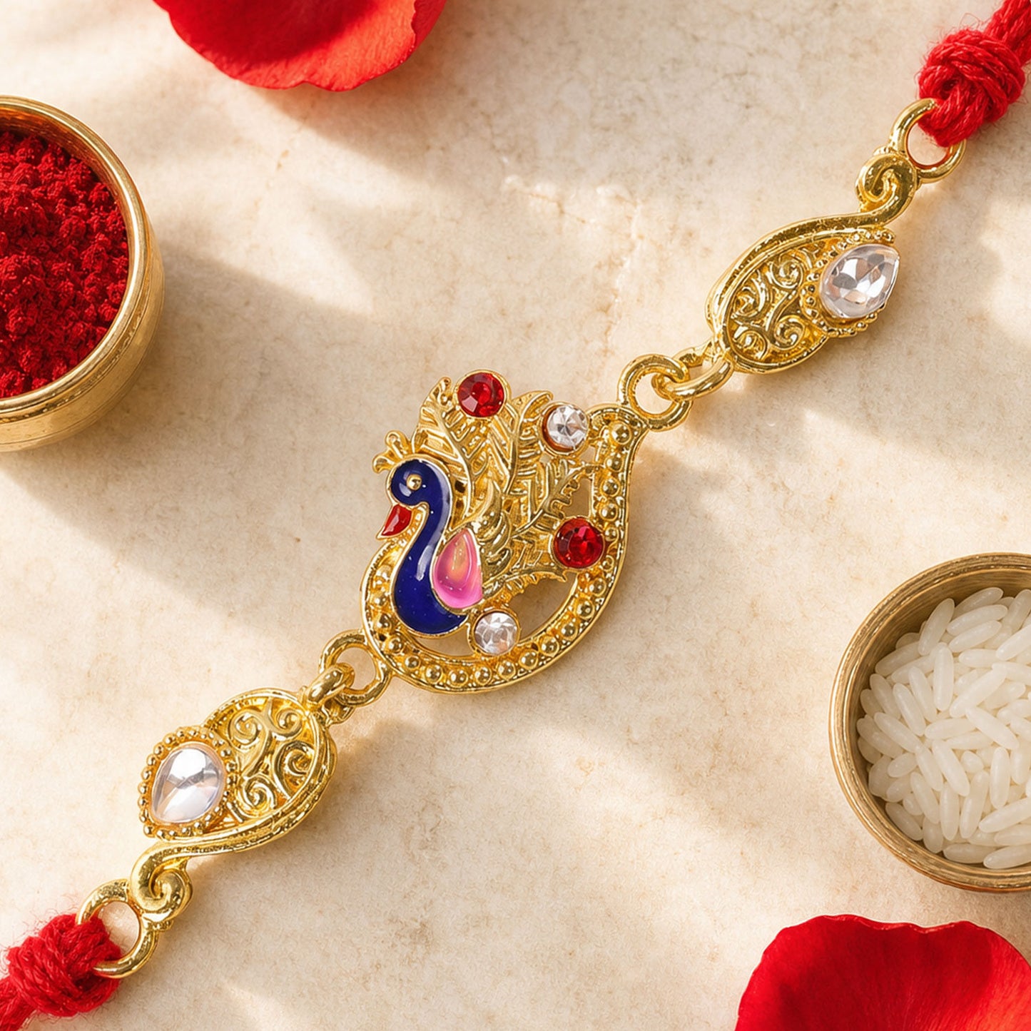 Elegant Rakhi showcasing Peacock Charm, color stones and gift style for Gift Styling