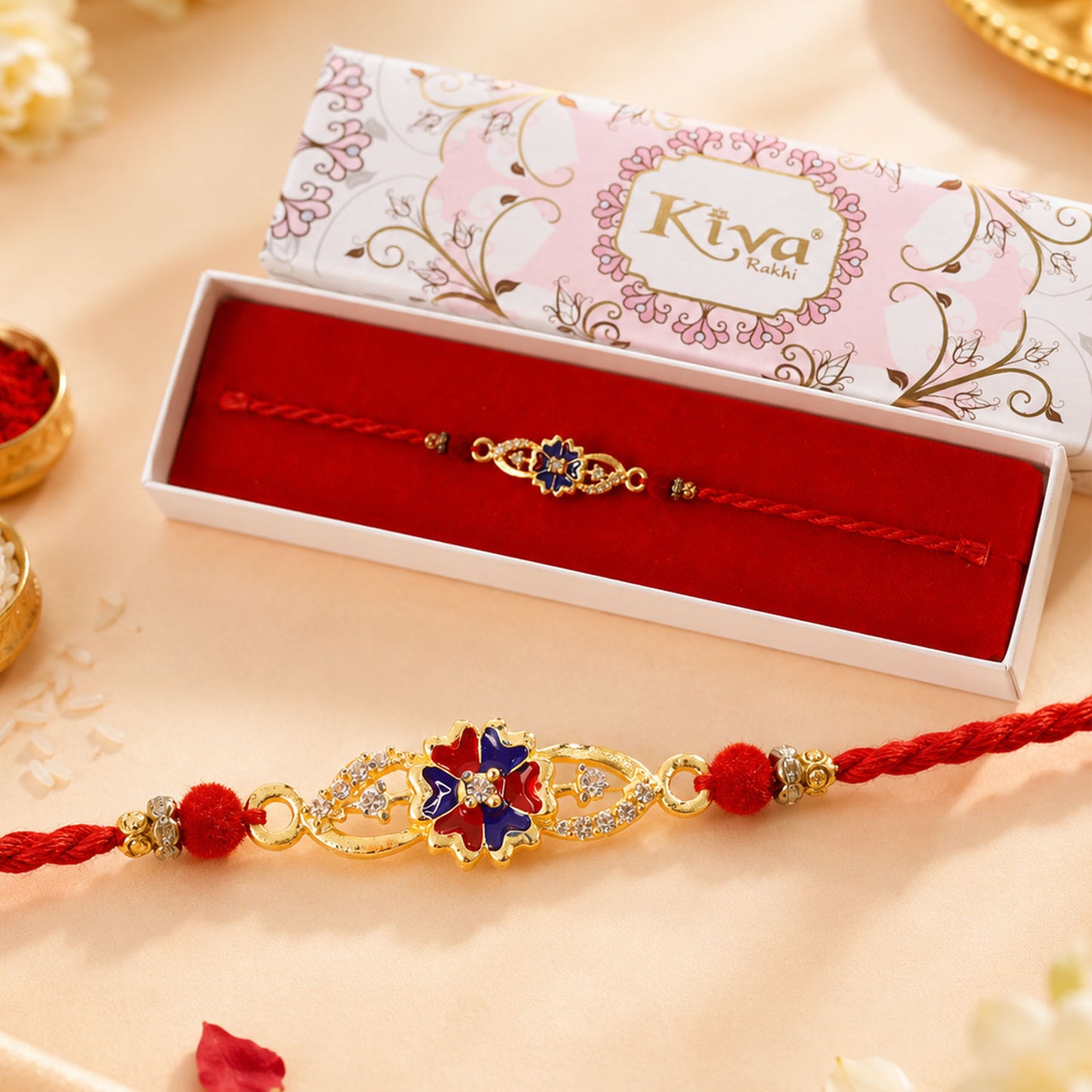 Blue & Red Meenakari Floral Designer Rakhi for Brother, AD Stones Gift