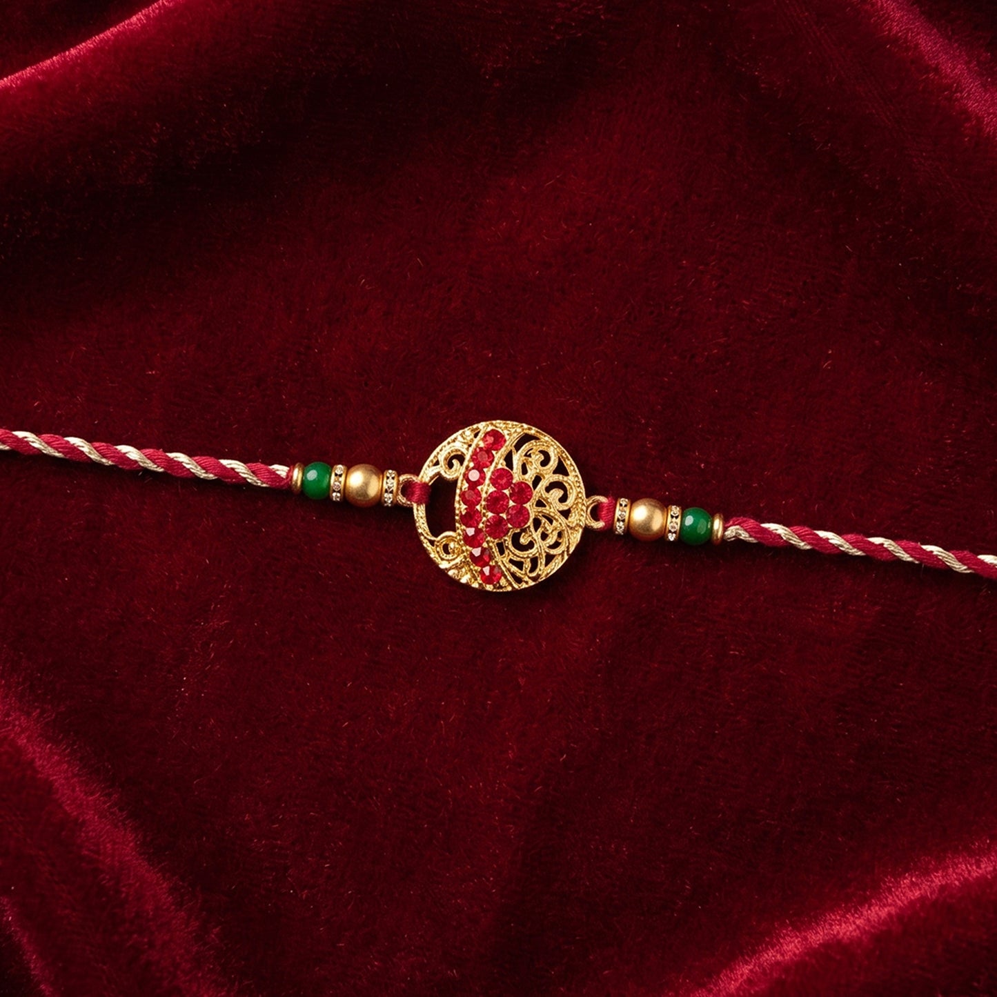 Golden Red Diamond Om Trishul Rakhi with Green Beads and Twisted Thread