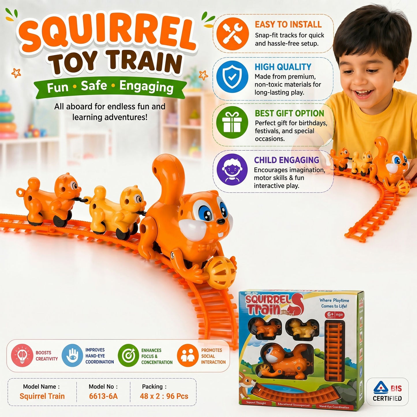 Squirrel train cars arranged on circular track
