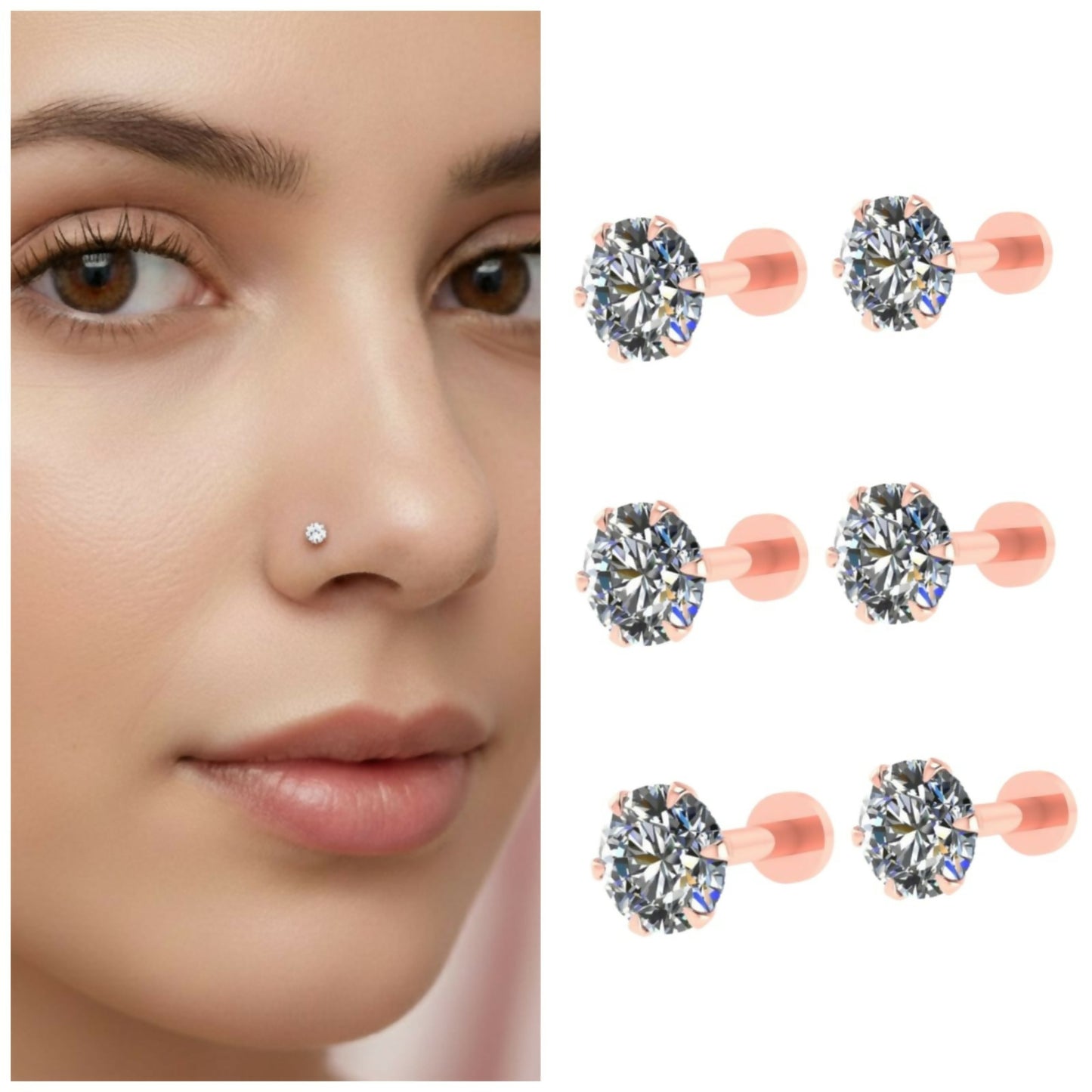 Rose gold nose pin stud combo pack showcasing elegant flat-back labret design