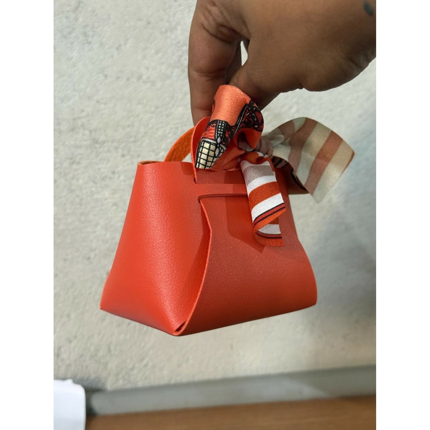 Women’s Structured Mini Handbag with Printed Scarf Handle | Compact Stylish Purse