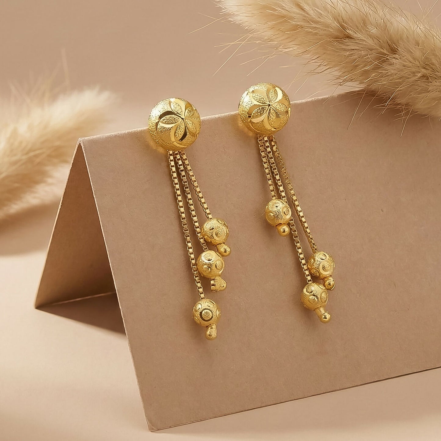 Floral Stud Chain Drop Earring with Elegant Bead Accents