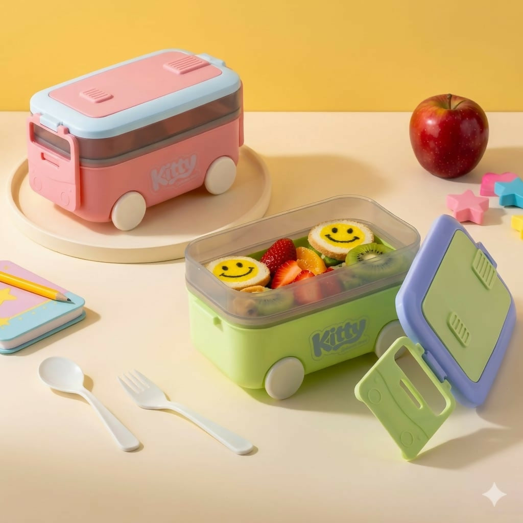 Lunch box interior with separated sections and spoon and fork