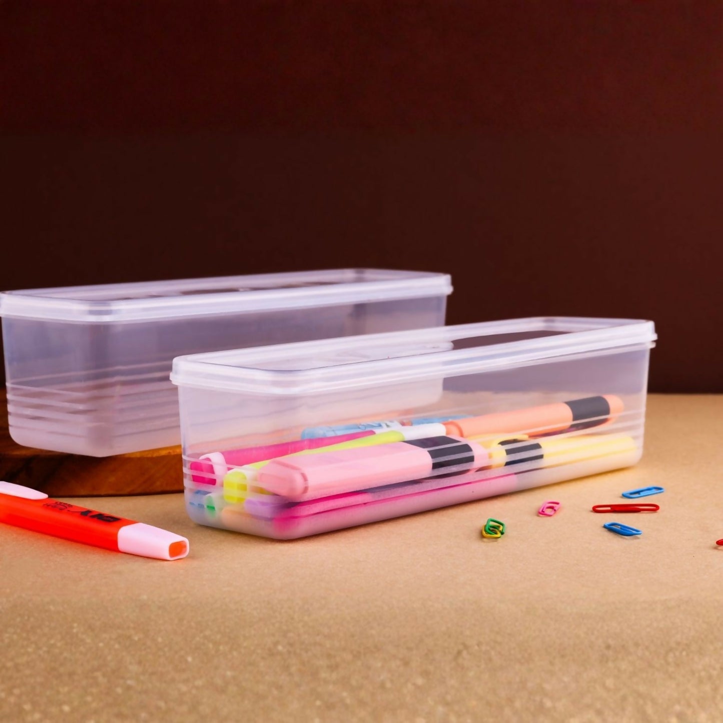 Close-up view of transparent storage container with snap-lock lid