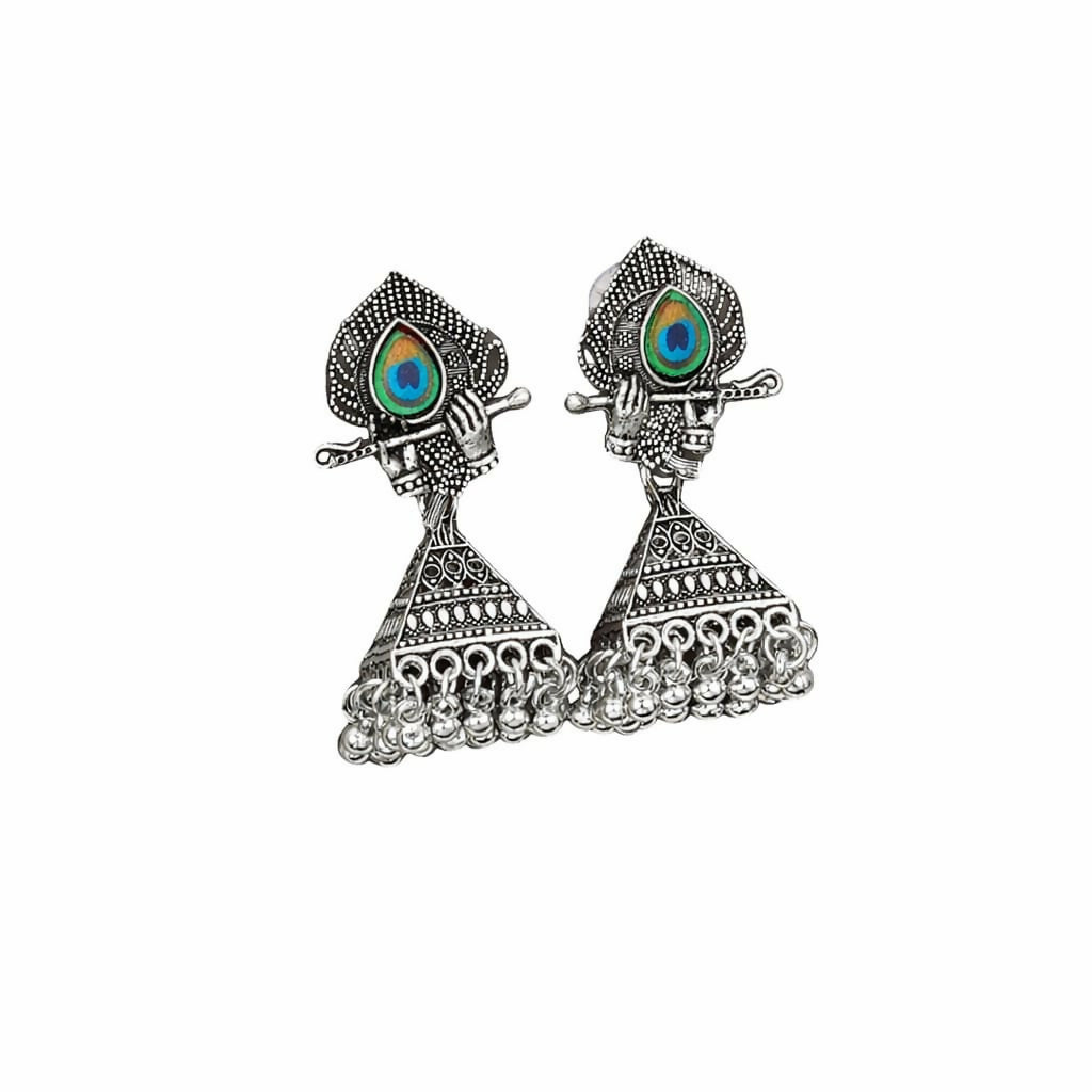 Traditional Krishna jhumka earring featuring ghungroo finish in oxidised silver