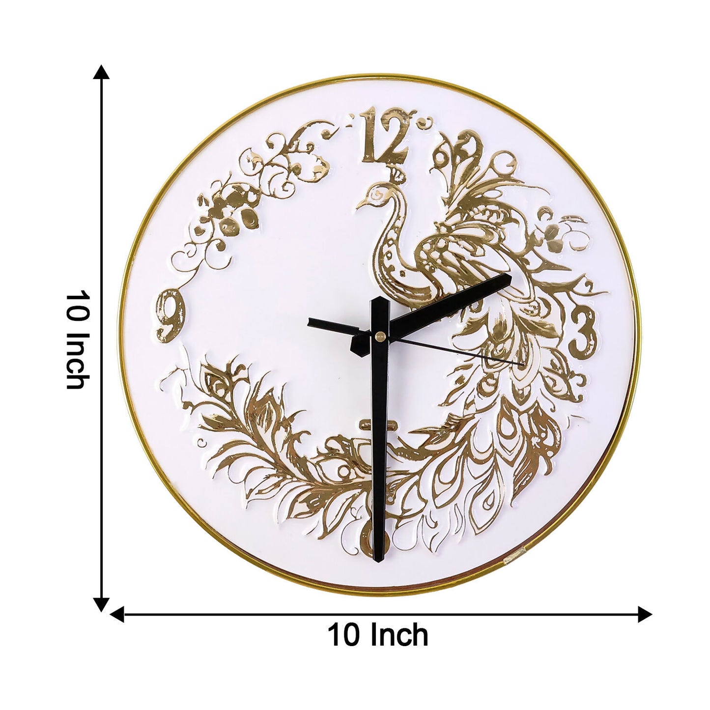 White Resin Art Wall Clock with Peacock Design & Gold Detailing (10x10)