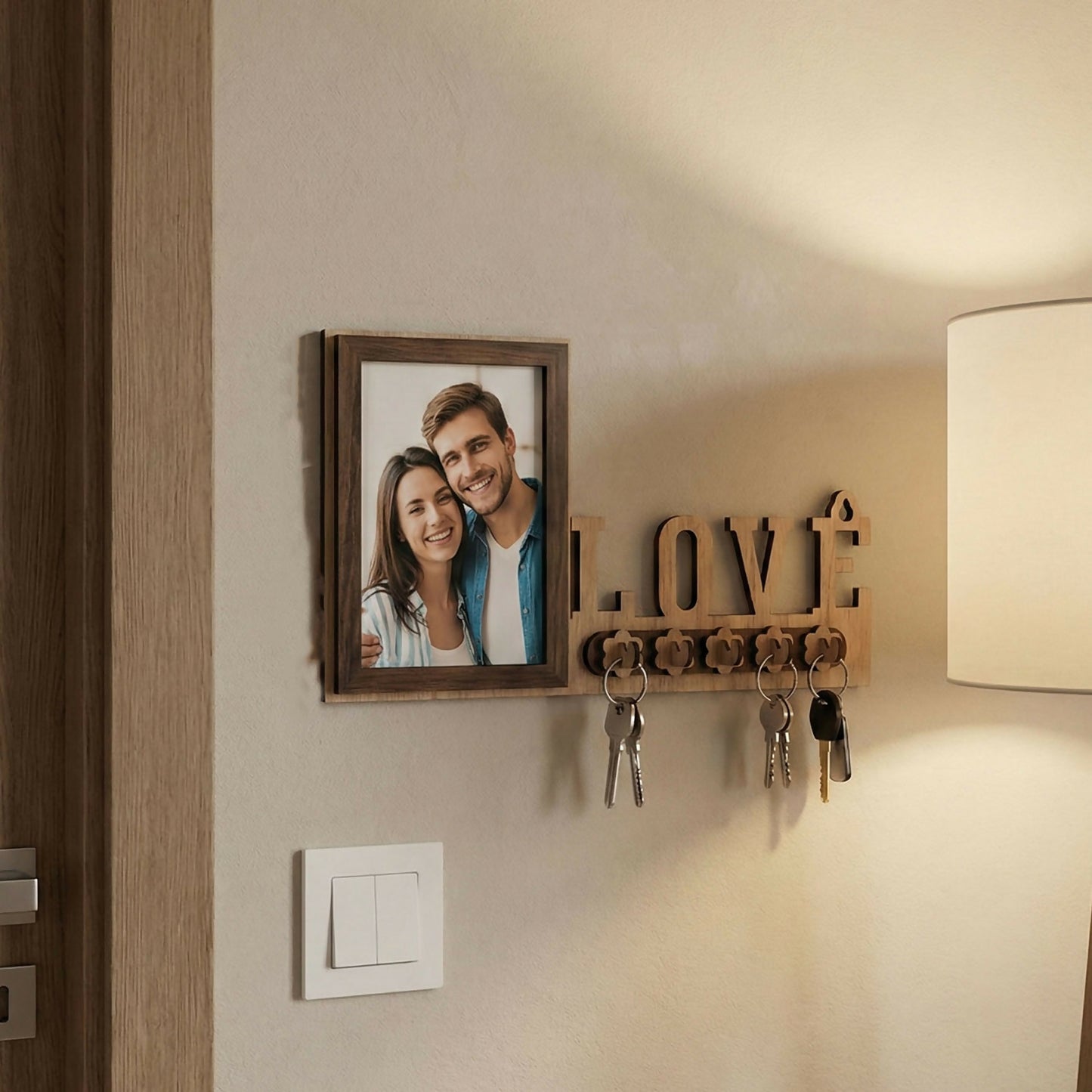 Wooden Photo Frame Key Holder with LOVE Cutout & 5 Hooks – 8 x 12 Inch