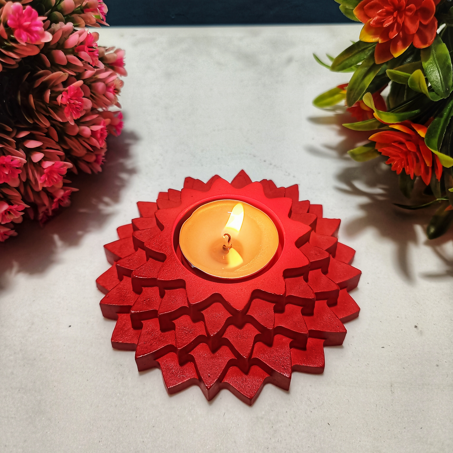 Flower 5-Layer Diya red tealight candle Elegant Home Decor Handmade