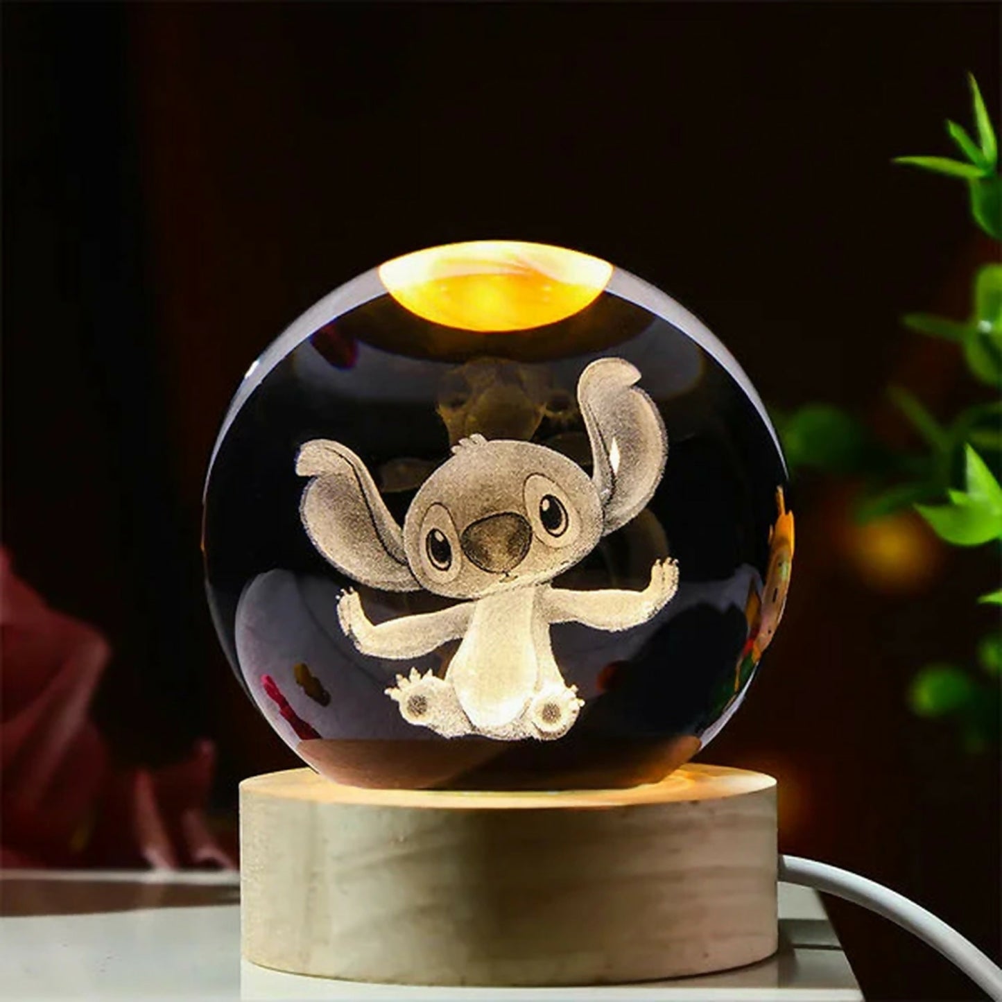 3D Crystal Cartoon Character Night Lamp with Wooden Base, USB Powered