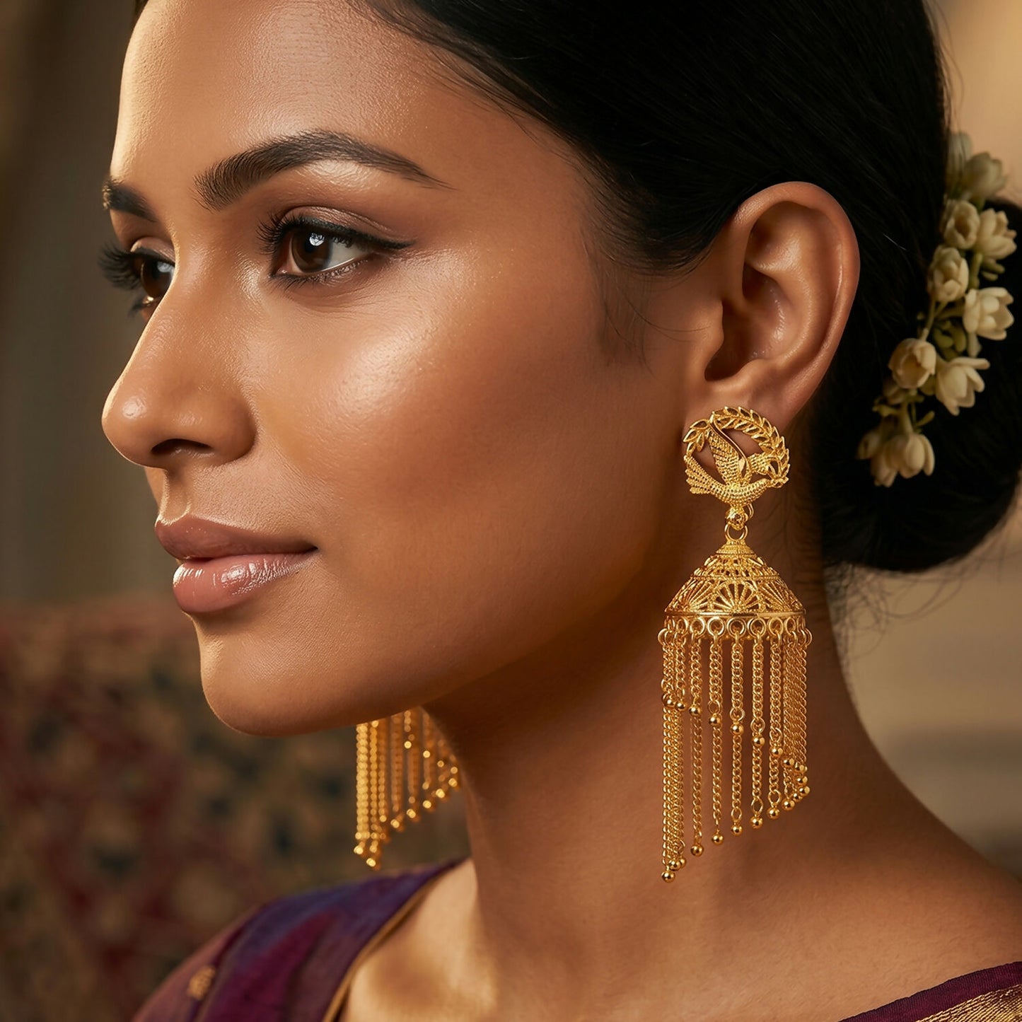 Golden Leaf Tassel Jhumka Earrings side view