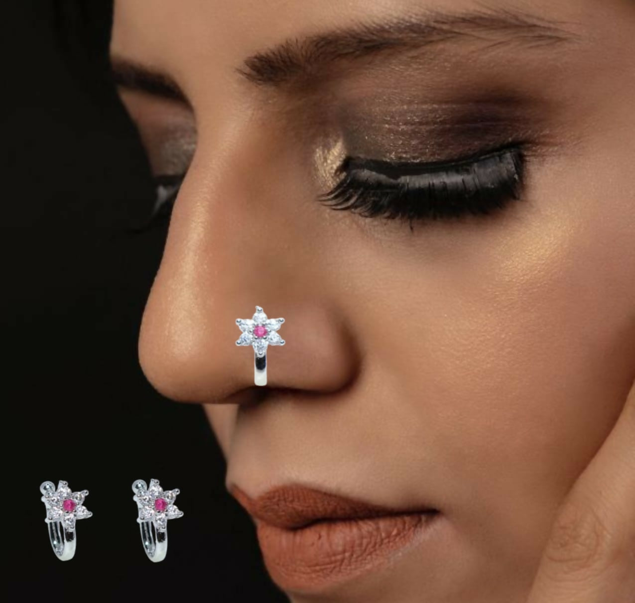 2 Pcs Non-Piercing Nose Ring Set Mega Combo Floral Cuff