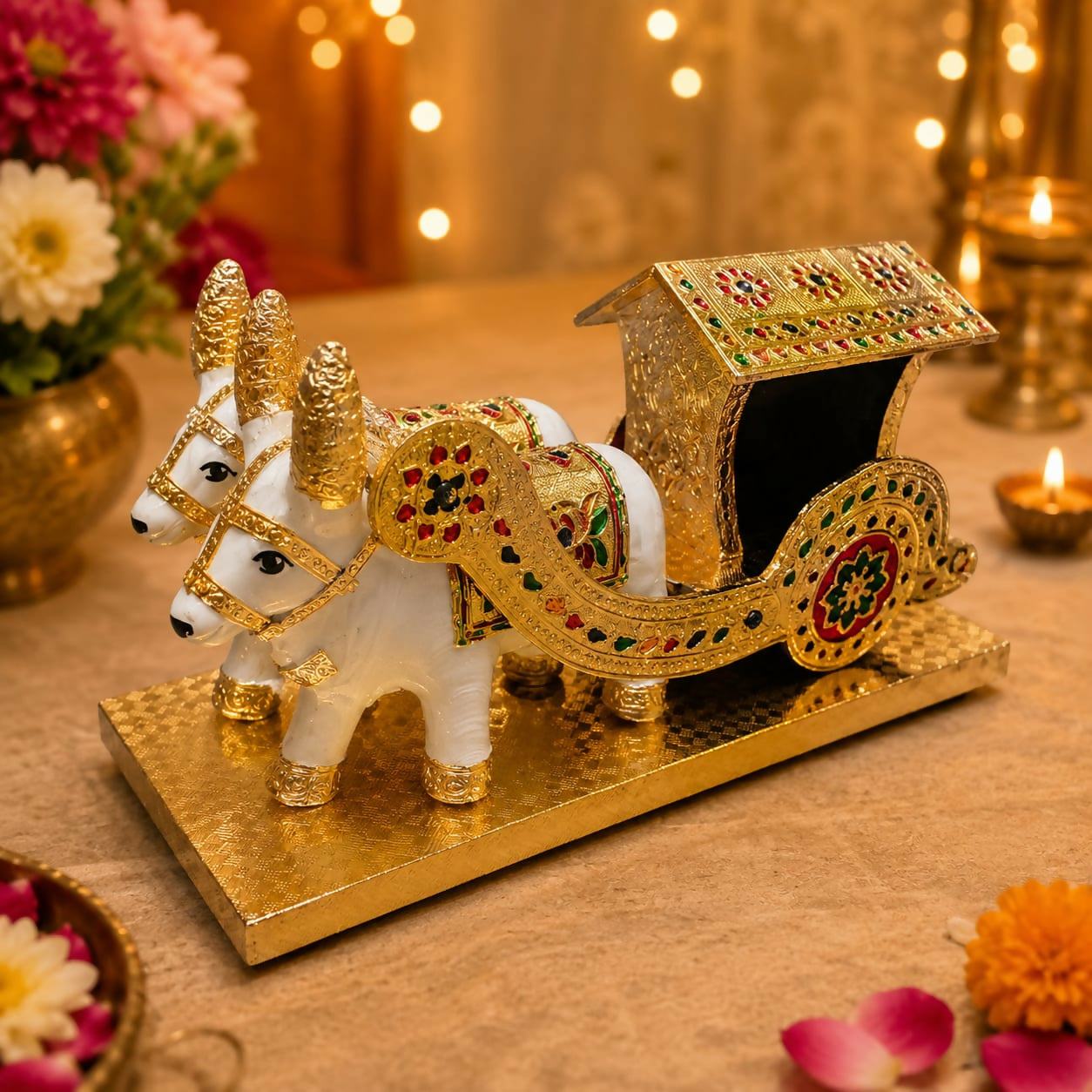 Close-up of detailed Meenakari and stonework on bullock cart