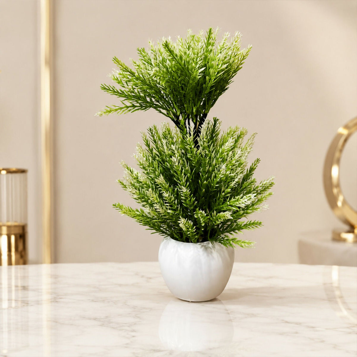 Artificial Mini Pine Plant Decorative White Pot Home Office Table Centerpiece Decor