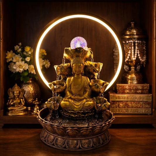 Buddha tabletop water fountain with LED ring light