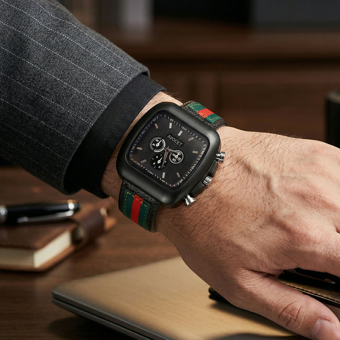 Stylish Black Square Dial Analog Watch with Striped Strap & Metal Case