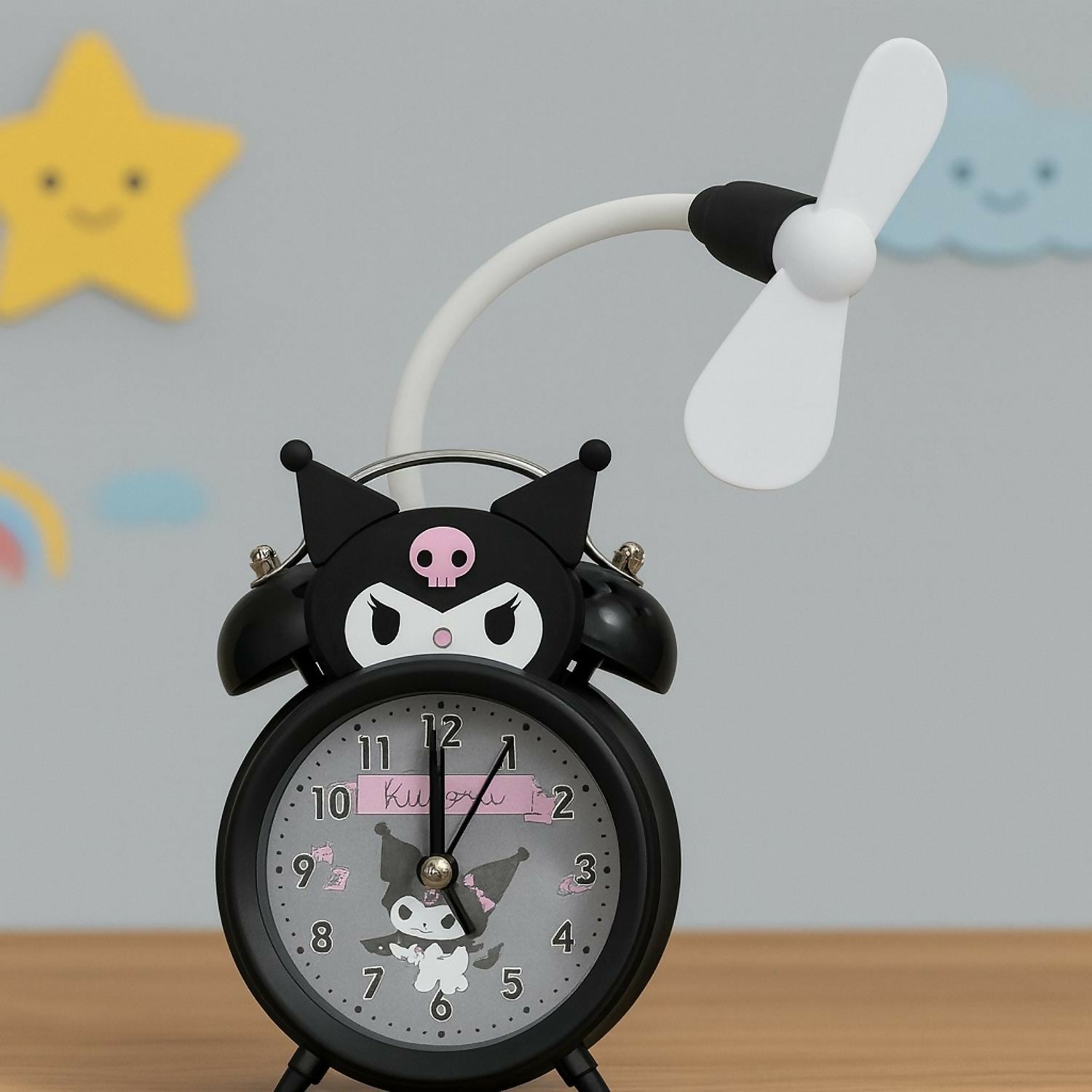 Cute Kuromi Cartoon Alarm Clock with Fan | Kids Bedside Table Clock with Cooling Mini Fan | Black Twin Bell Analog Alarm Clock for Bedroom, Study & Gifting
