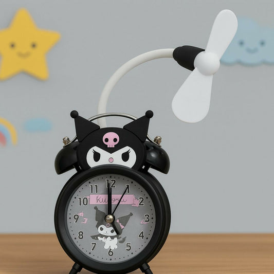 Cute Kuromi Cartoon Alarm Clock with Fan | Kids Bedside Table Clock with Cooling Mini Fan | Black Twin Bell Analog Alarm Clock for Bedroom, Study & Gifting
