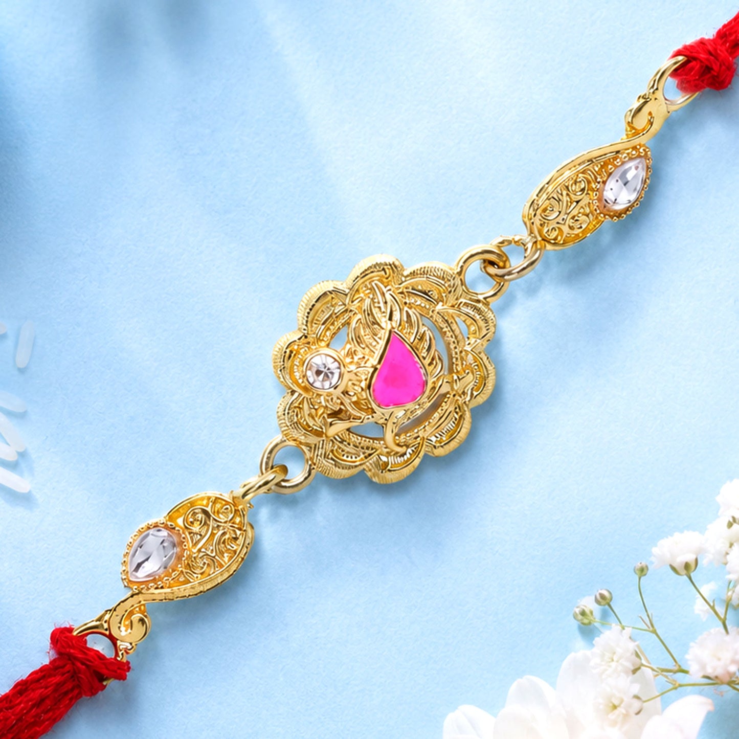 Premium Rakhi with Floral Medallion, crystal accents and gift style for Gift Styling