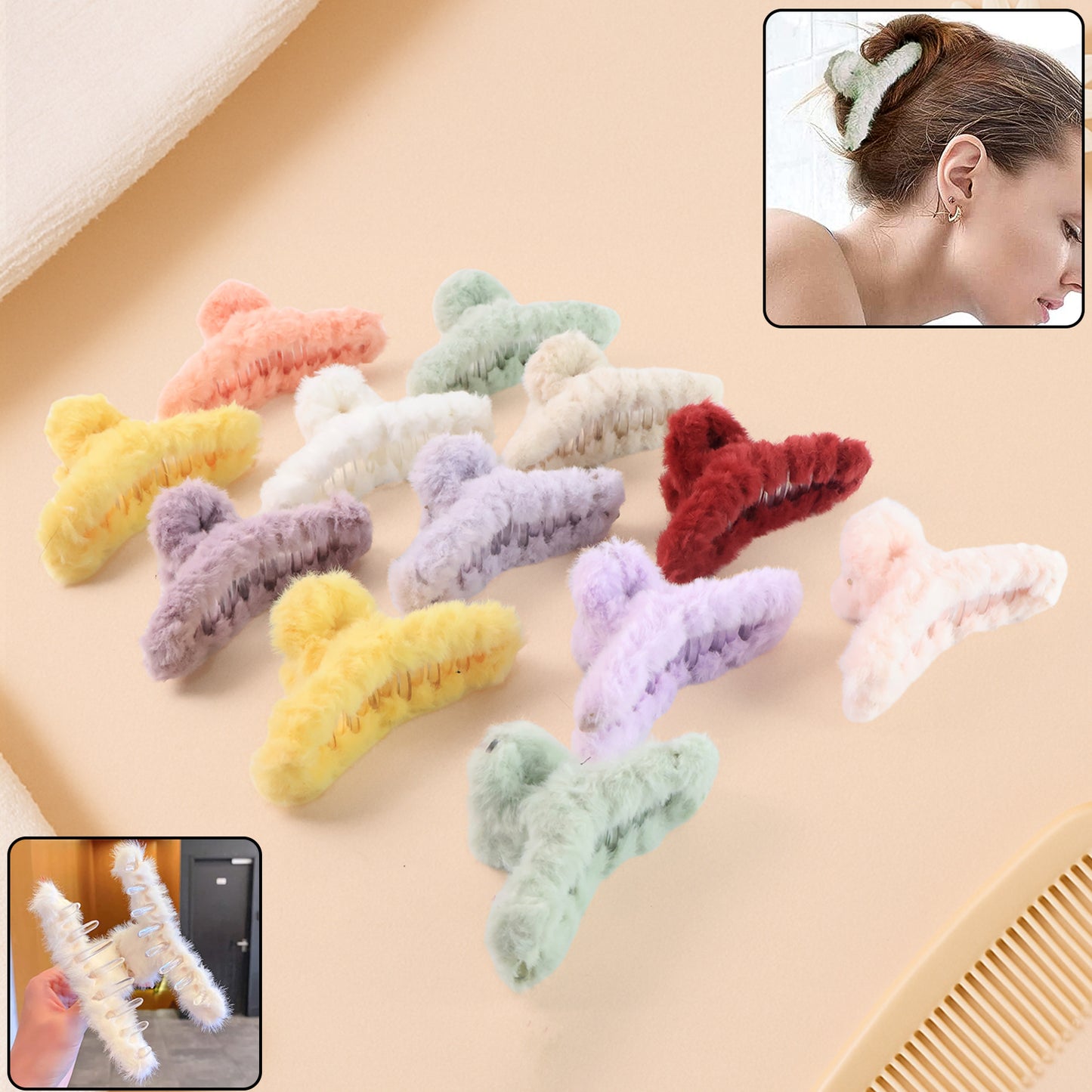 Premium Soft Fur Coated Hair Clutcher Clip Set (12 Pc)