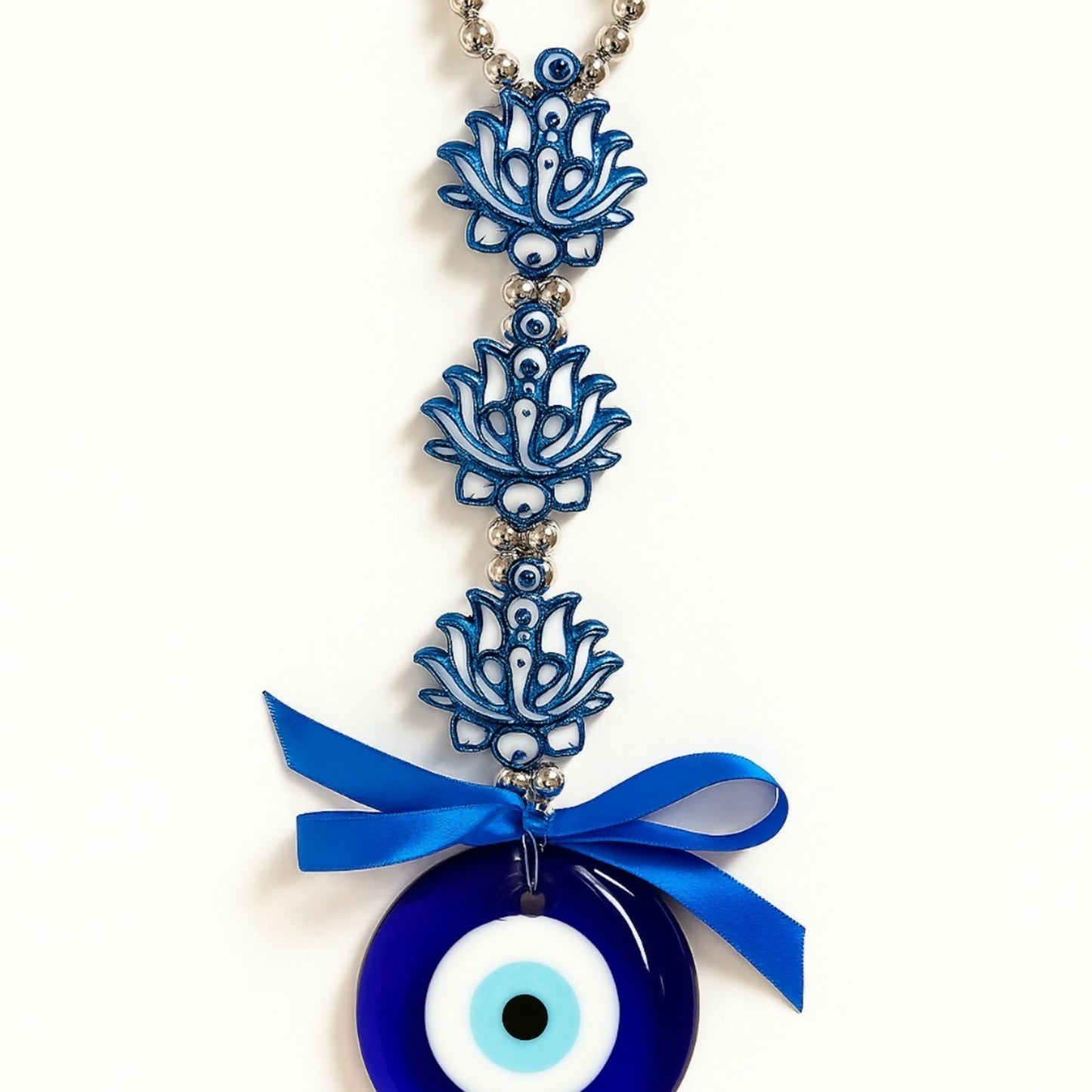 Evil Eye Lotus Wall Hanging with Blue Ribbon | Protective Nazar Battu for Home & Office | Blue Glass Beads & Metal Chain Wall Décor | Traditional Spiritual Feng Shui Vastu Gift
