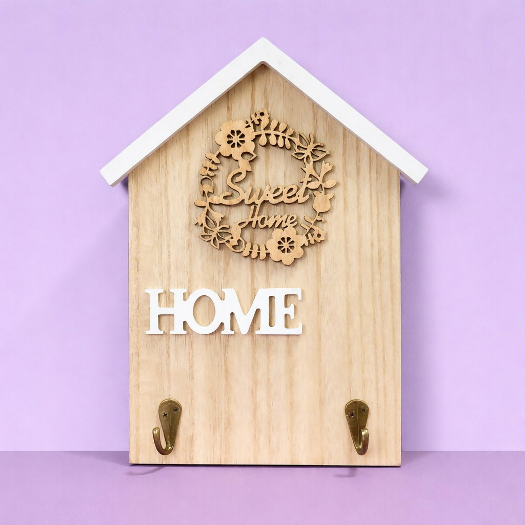 Wooden Home Key Holder Wall Mount with 2 Hooks Organizer