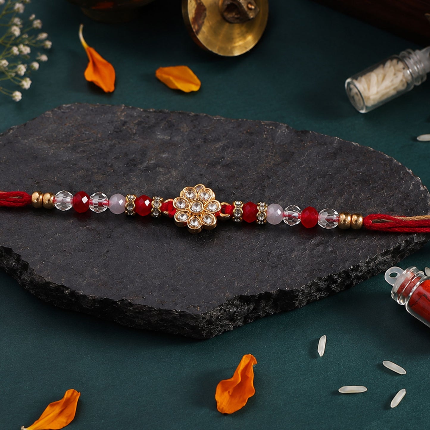 Ruby Red American Diamond Flower Rakhi for Brother, Crystal Beads Gift