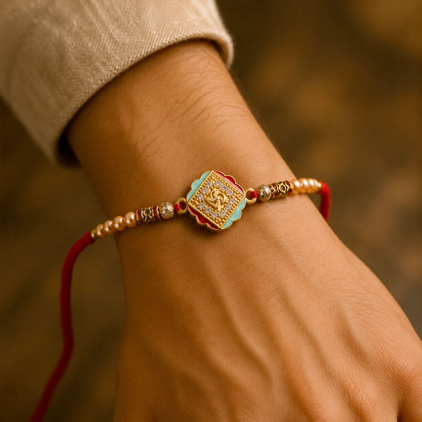 Silver Rakhi with Golden Square Om Centre, Roli Chawal Coin and Peacock Gift Packing