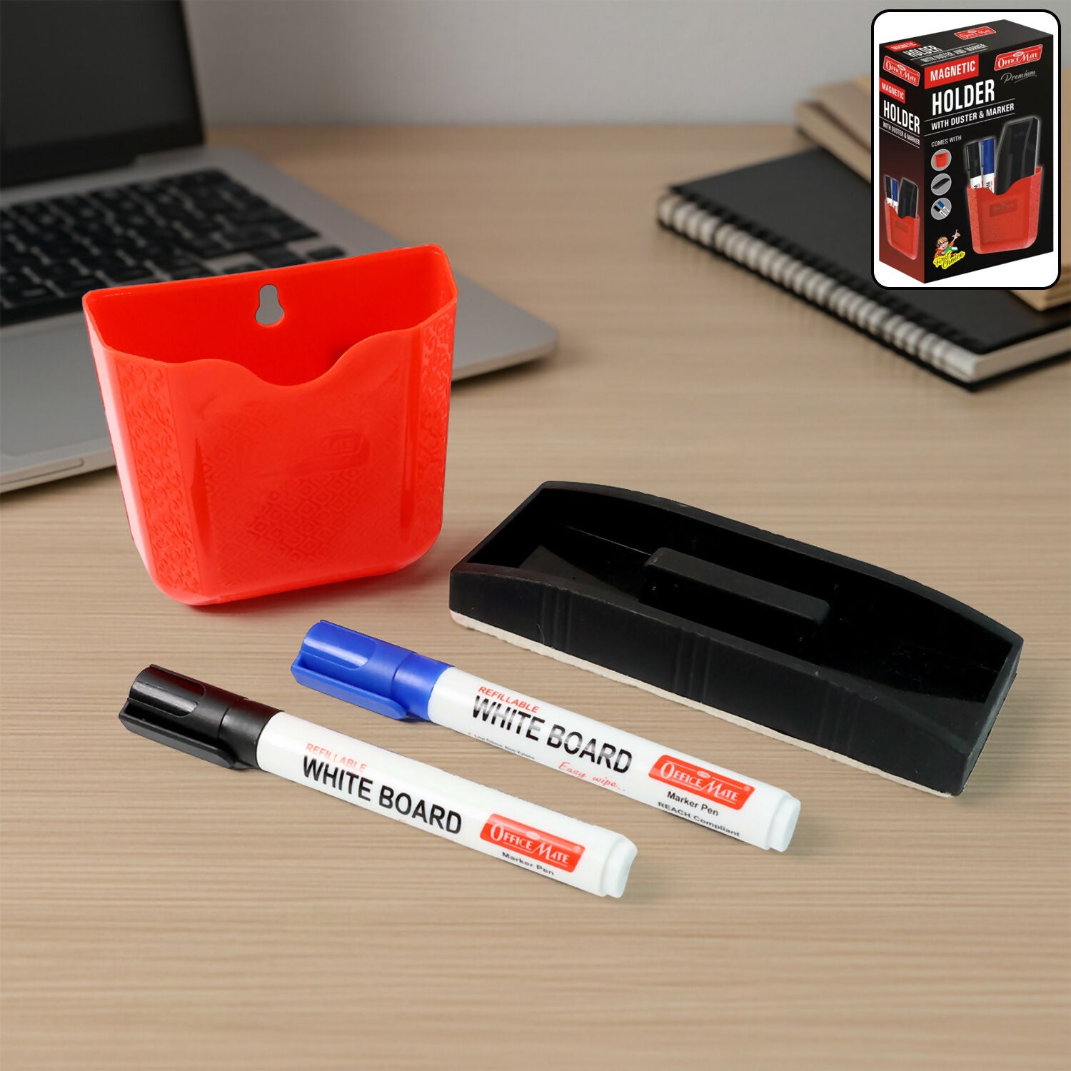 Officemate Magnetic Whiteboard Holder Set with Duster & 2 Refillable Whiteboard Markers