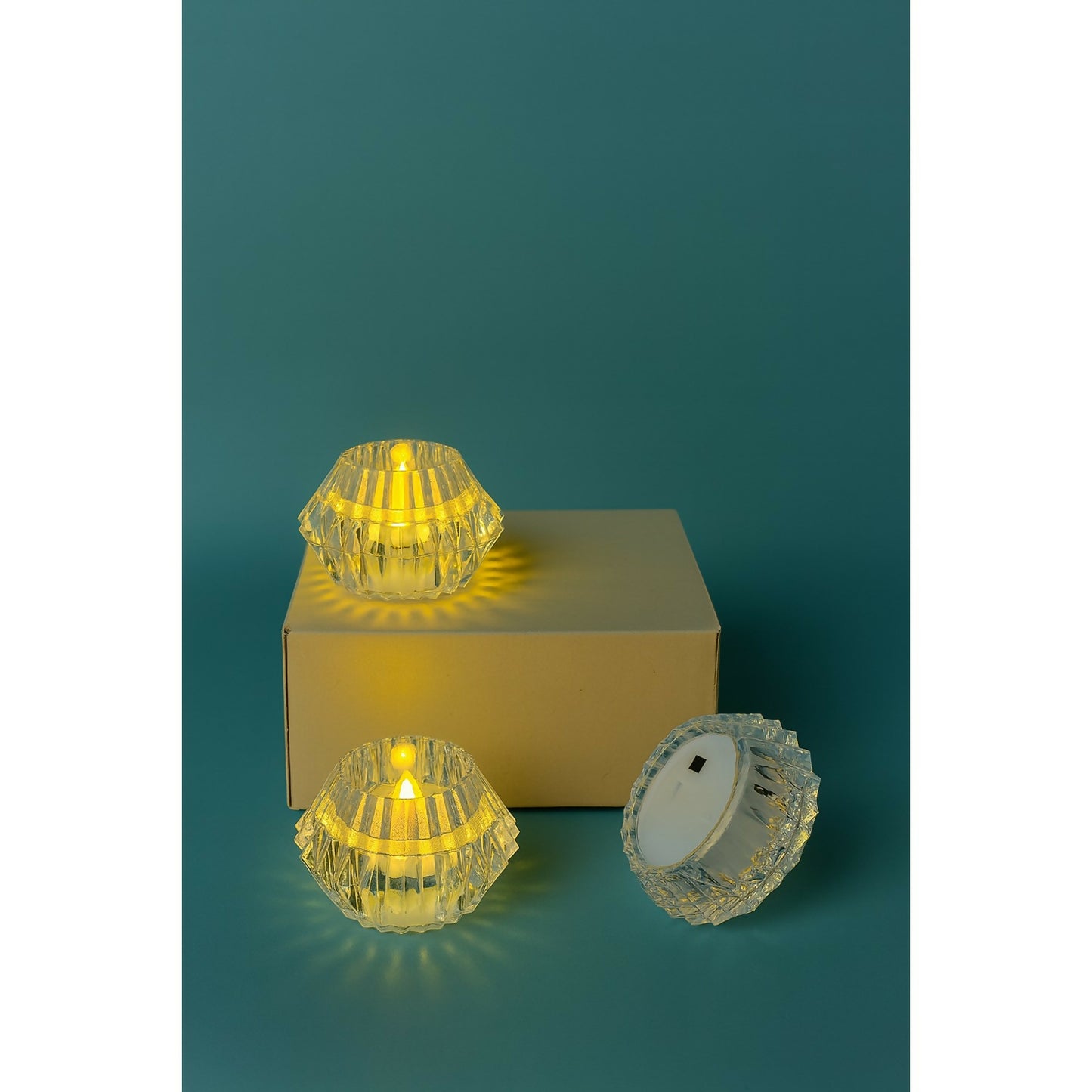 Set of 24 Crystal LED Diya Candles | Battery Operated Flameless Decorative Lights | Diamond-Cut Crystal Effect Tea Lights for Diwali, Pooja, Mandir, Wedding & Festive Décor