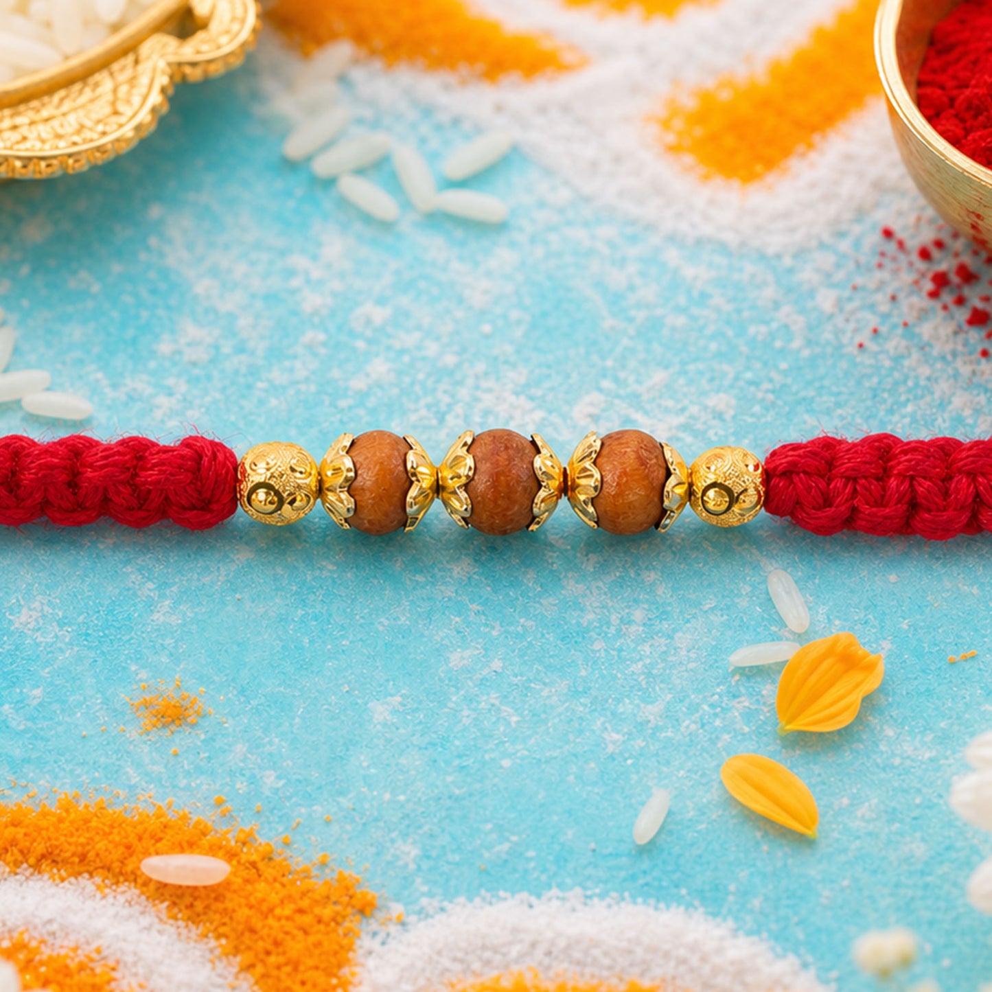 Red Braided Rakhi with Natural Wooden Bead Pendant Accents