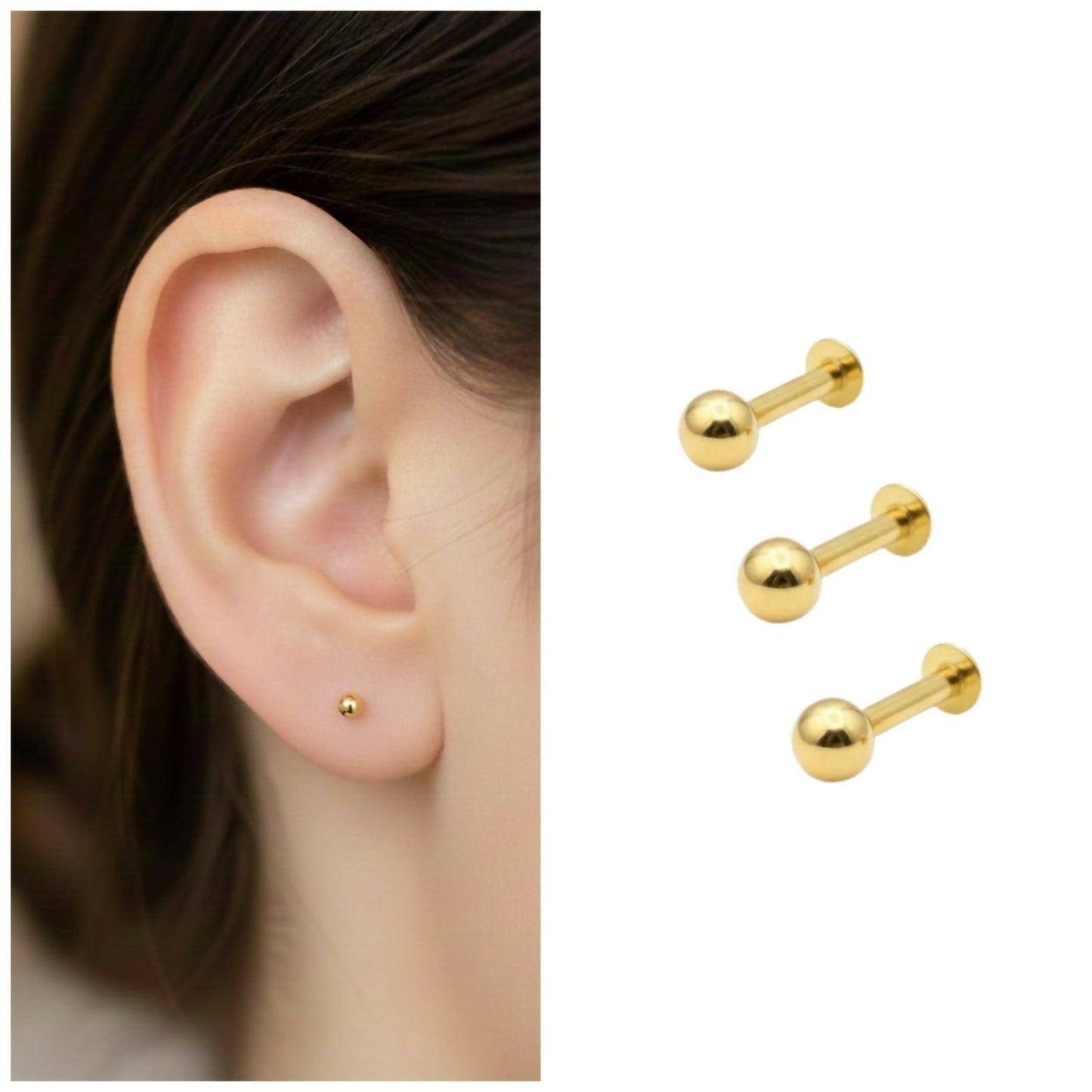 Gold-plated flat back labret stud earrings with tiny ball design on white background