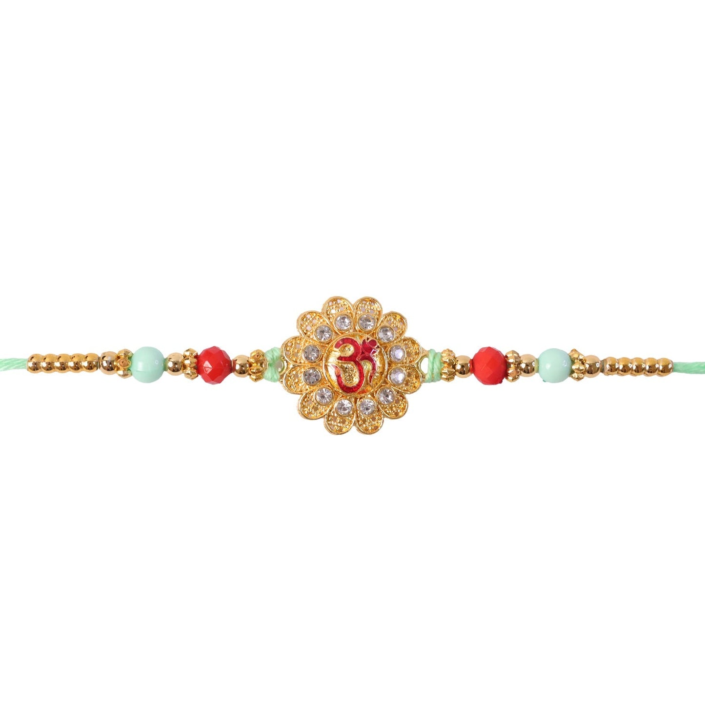 Om Floral Kundan Rakhi with Pearl Beads and Traditional Motif Design (5pcs)