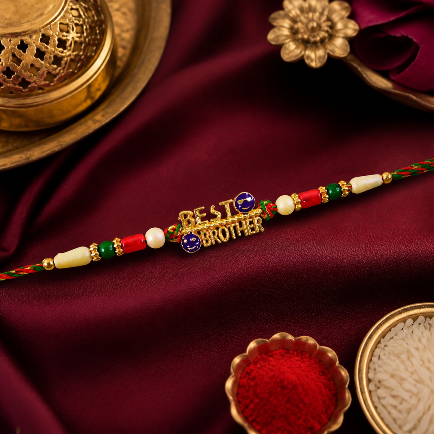 Best Brother Text Charm Rakhi with Pearl and Multicolor Beads