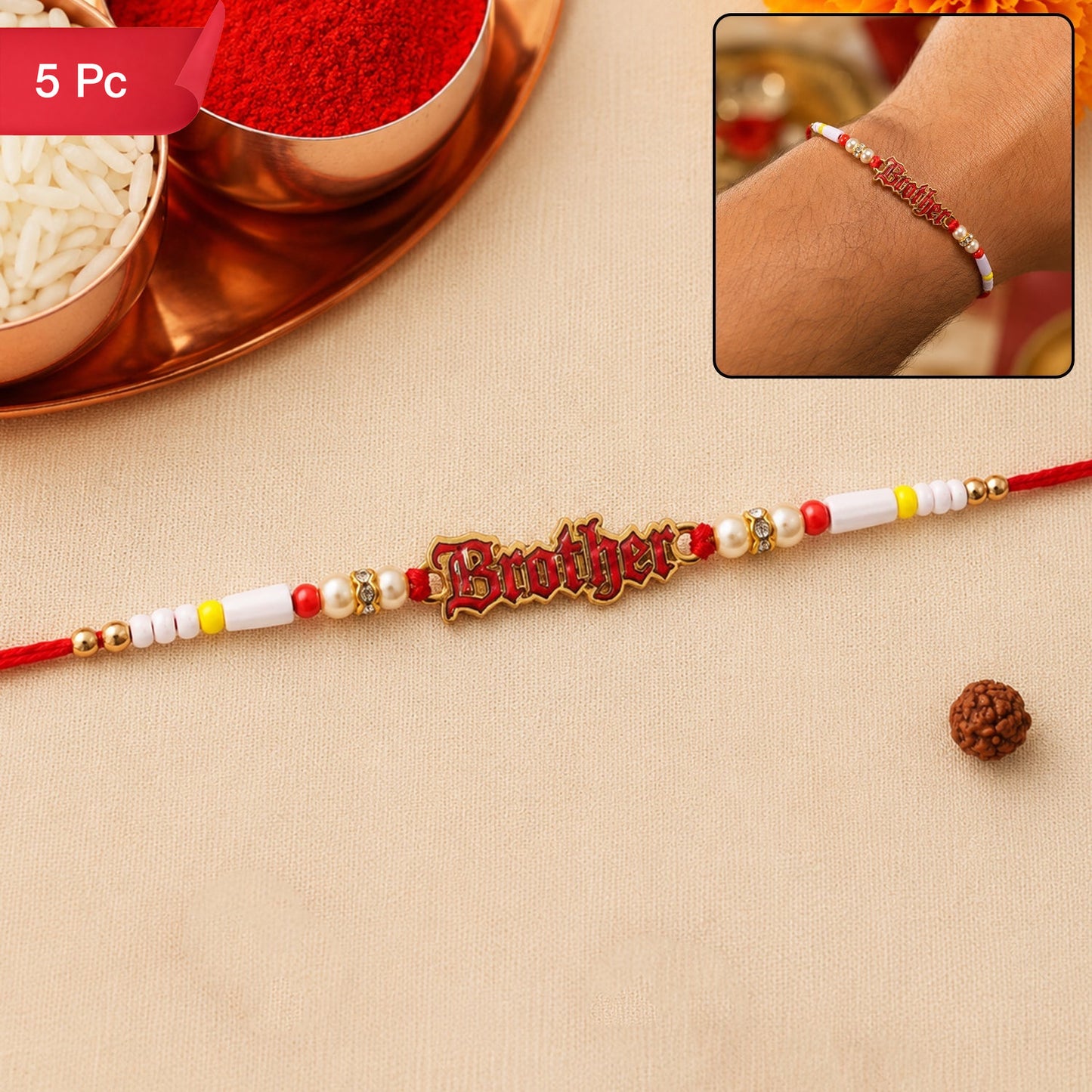 Text Charm Pearl Beads Rakhi Elegant Raksha Bandhan Gift (5pcs)