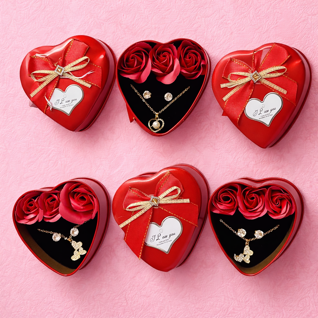 Heart Shape Gift Box with Artificial Roses & Butterfly Pendant Necklace for Gifting (DESIGN MAY VARY OF THE NECKLACE)
