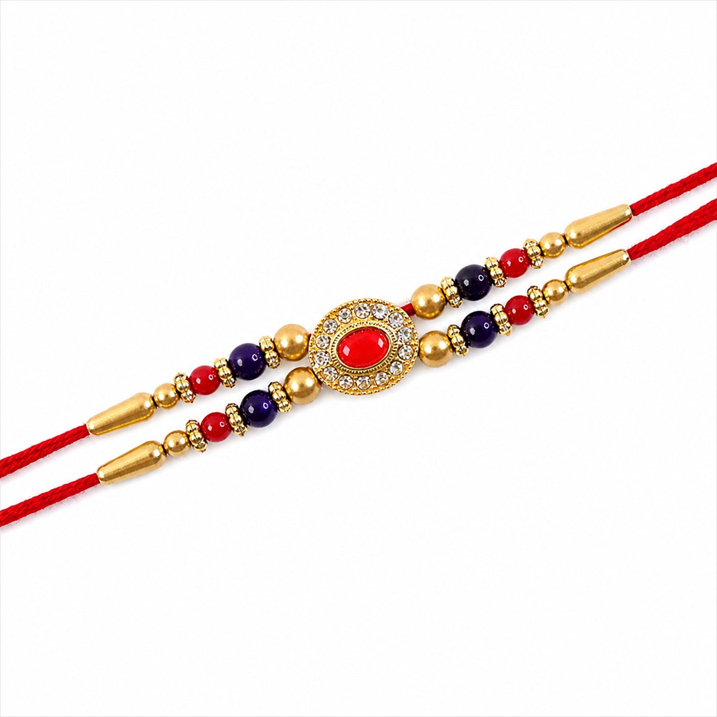 Red Blue Beaded Rakhi with Ruby Center and Rich Traditional Festive Gift Styling