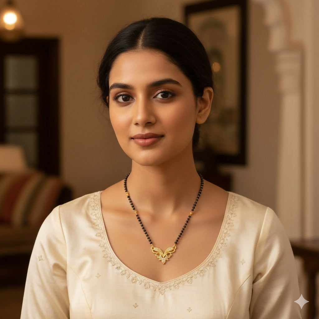 Gold-Plated Floral Butterfly Mangalsutra with Black Beads