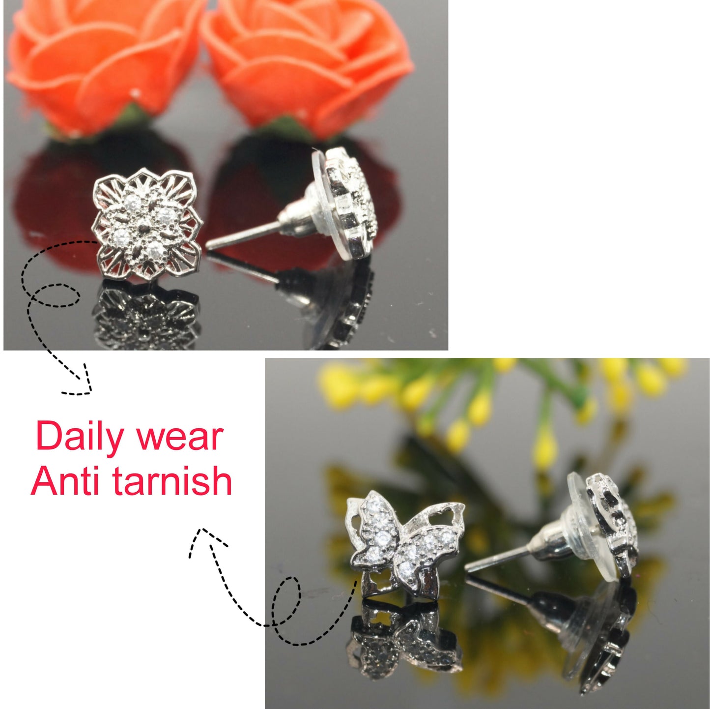 Dazzling butterfly zircon stud earrings set with bright clear zircon stones