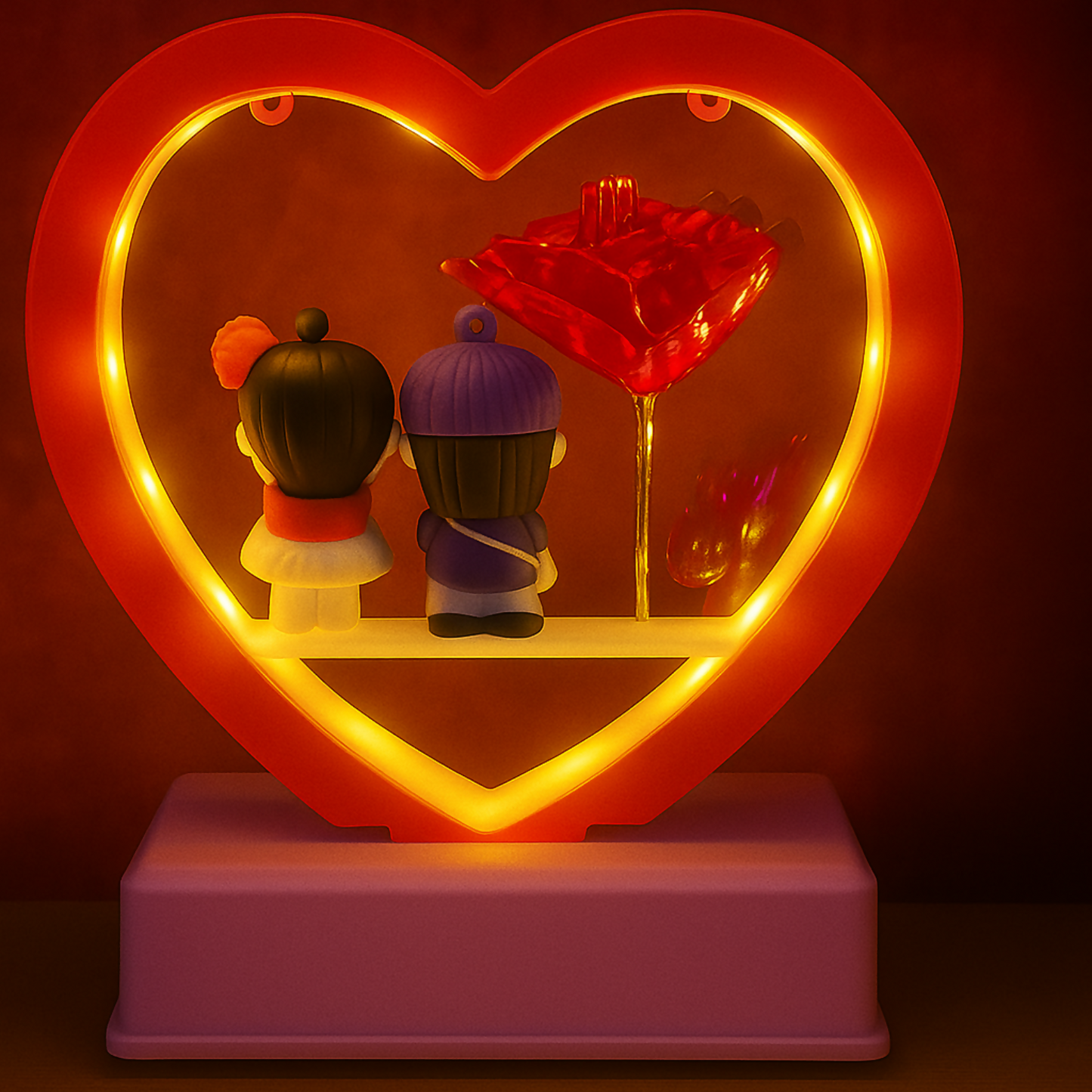 Romantic Heart-Shaped Red LED Couple Showpiece with Artificial Red Rose | Love-Themed Decorative Gift for Bedroom, Anniversary, Valentine, Wedding & Home Decor